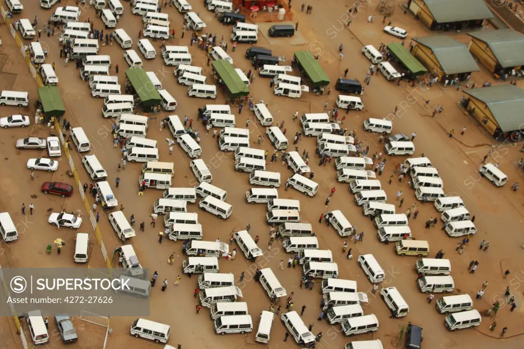 Kigali, Rwanda. An aerial view of the central bus station. Taxi buses, known locally as Matatu, travel to all provinces and neighbouring countries.