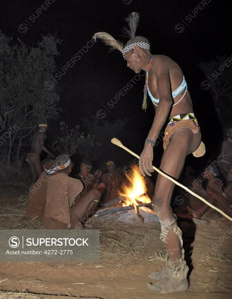 A bushman, or San, collapses in a trance during a sing-song round their campfire.  The men have rattles wound round their legs to help the rest of them keep rhythm during their dances.These N!!S hunter gatherers live in the Xai Xai Hills close to the Namibian border. Their traditional way of life is fast disappearing.