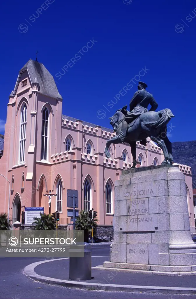 A statue of Louis Botha stands in front of St Mary's Cathedral