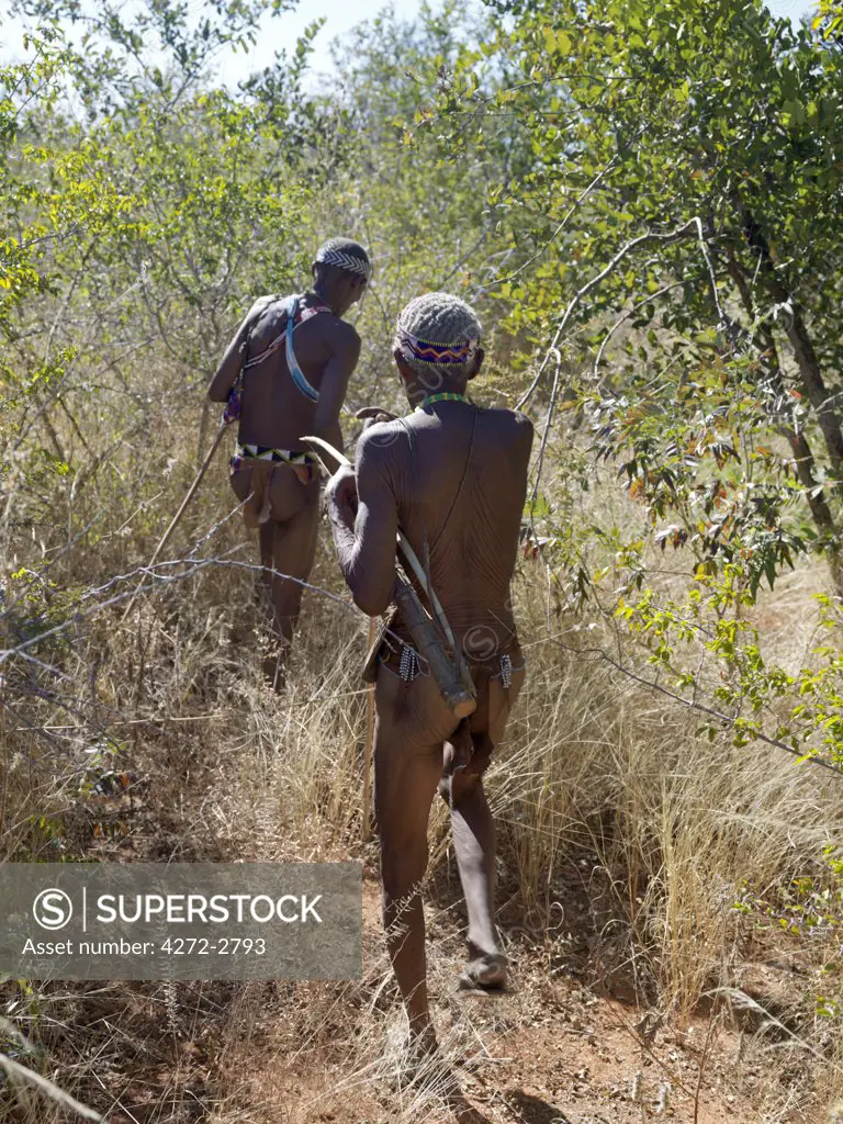 A band of NS hunter gatherers set out to hunt. The NS live in the harsh environment of a vast expanse of flat sand and bush scrub country straddling the Namibia Botswana border.