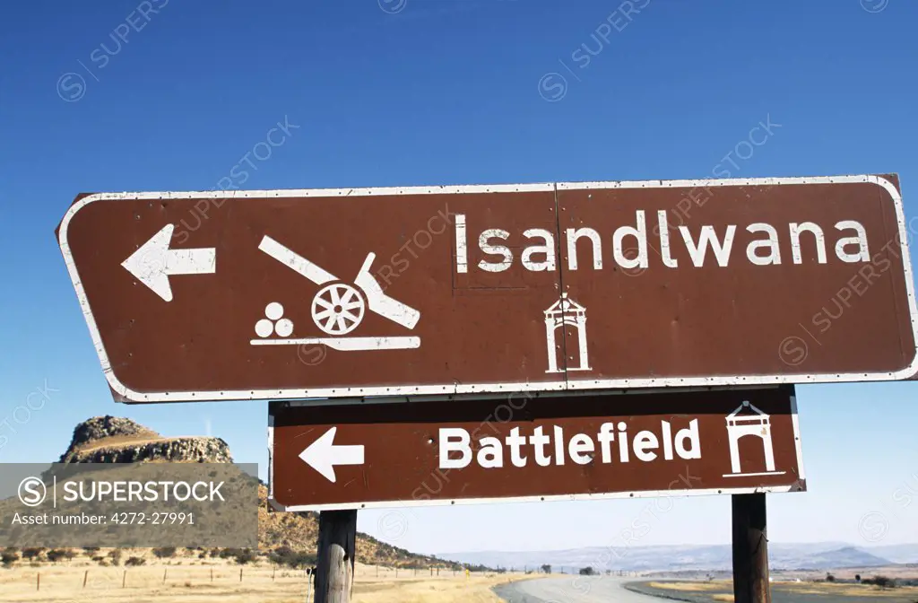 Signpost for Isandlwana, Natal Province on the Battlefields Route, site of British defeat 22 January 1879.