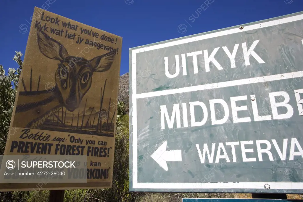 South Africa, Western Cape, Cederberg Conservancy.  In the Cederberg Conservation area, a warning sign points out the loss of wildlife due to accidental fires in the this heavily forested area.