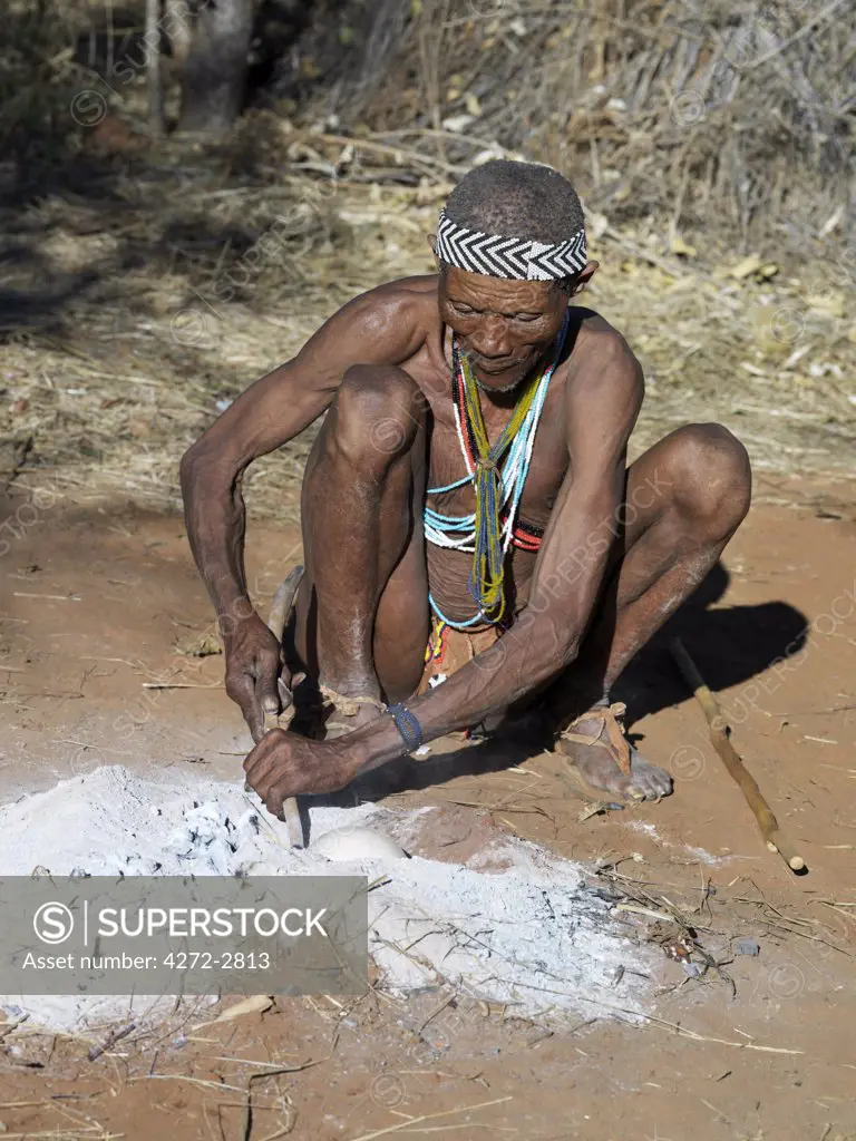 A NS hunter gatherer turns an ostrich egg in the embers of his campfire. The NS live in the harsh environment of a vast expanse of flat sand and bush scrub country straddling the Namibia Botswana border.