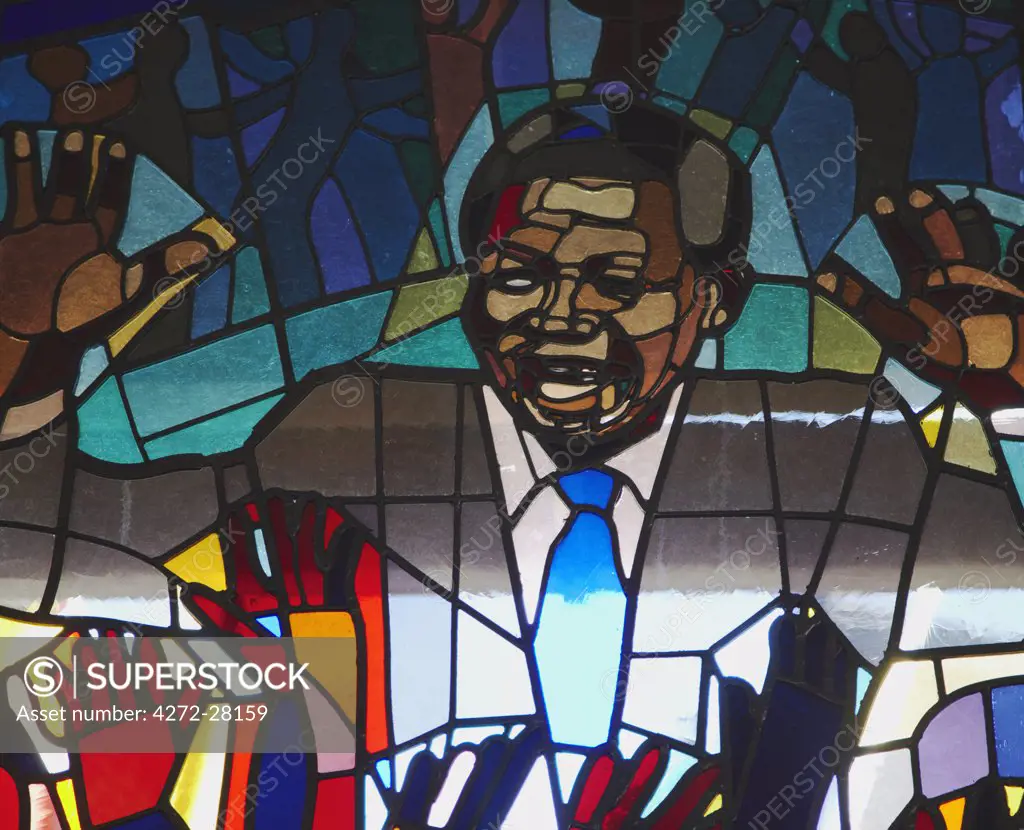Stained glass window of Nelson Mandela, Regina Mundi Catholic Church (scene of Soweto uprising), Soweto, Johannesburg, Gauteng, South Africa