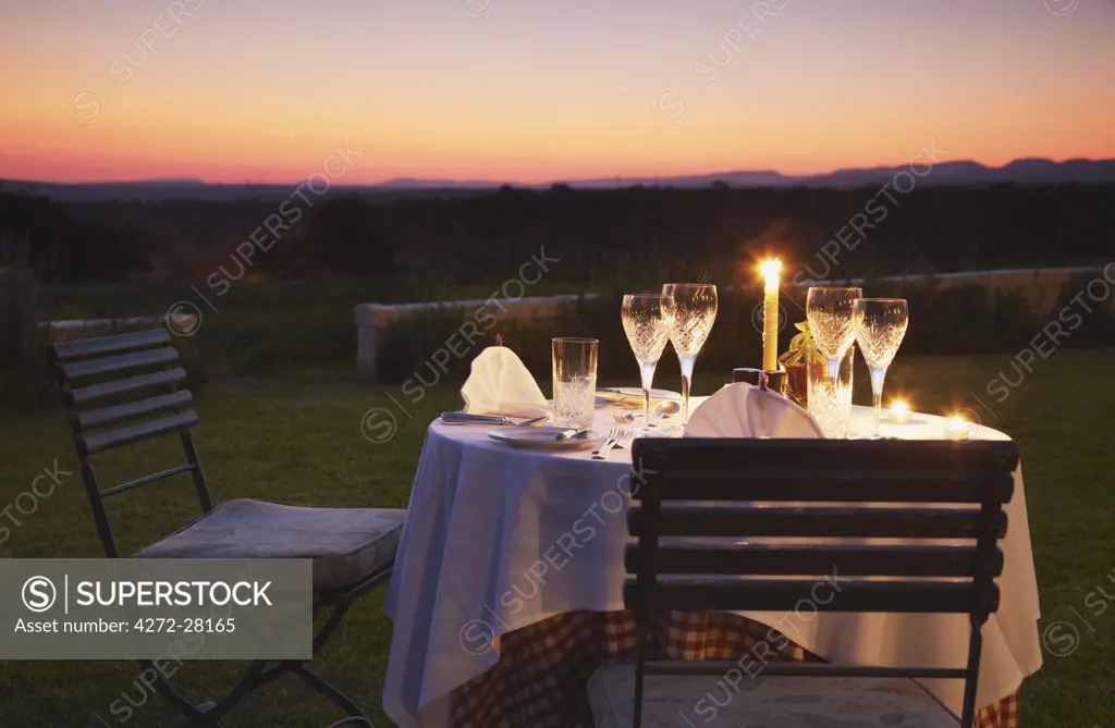 Table set for dinner at River Bend Lodge, Addo Elephant Park, Eastern Cape, South Africa