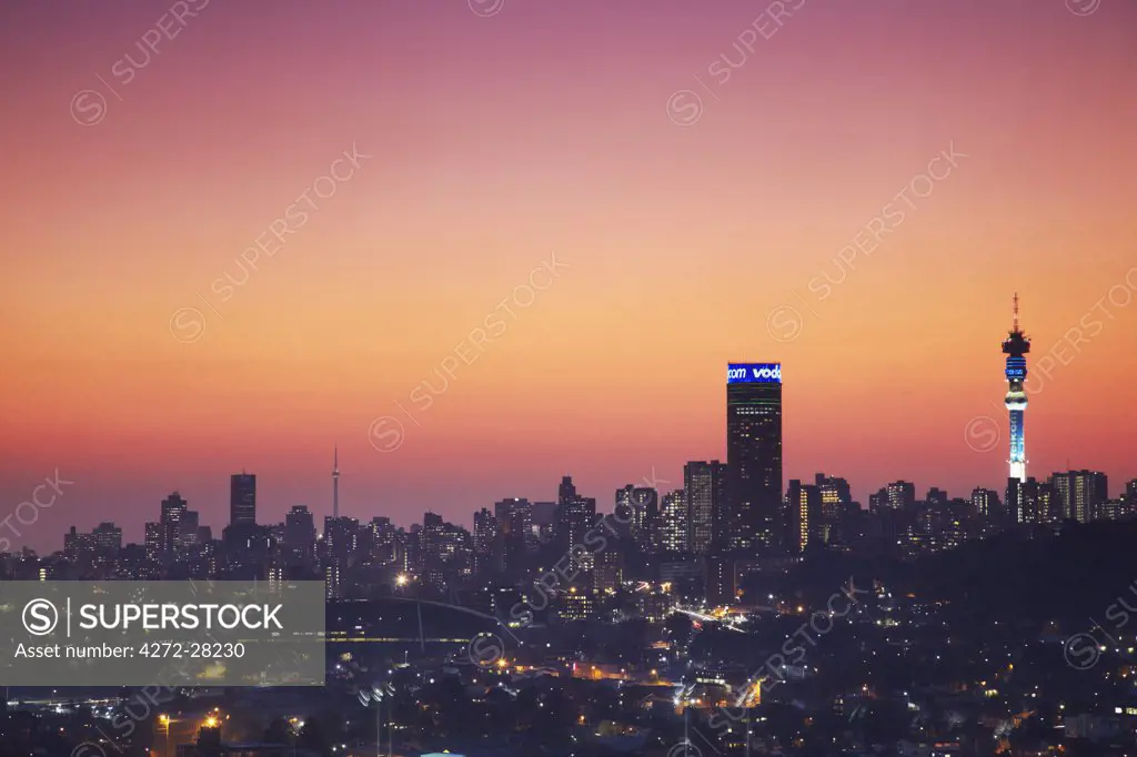 View of Johannesburg skyline at sunset, Gauteng, South Africa