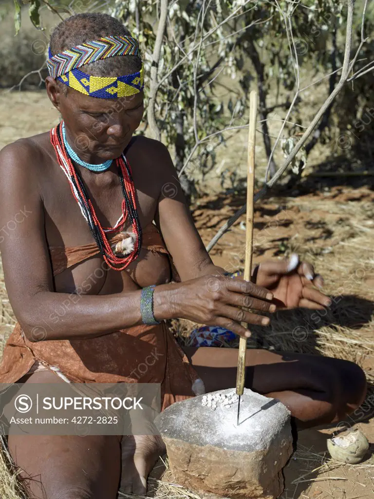 A woman of the NS hunter gatherer band makes ostrich eggshell beads from the broken pieces of a shell. These beads, or discs, are widely used as ornamentation.  The NS live in the harsh environment of a vast expanse of flat sand and bush scrub country straddling the Namibia Botswana border.