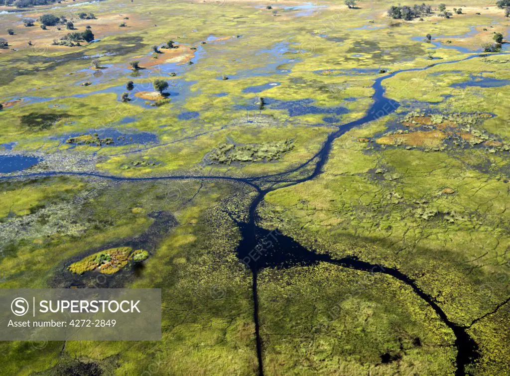 An aerial photograph of the Okavango Delta.