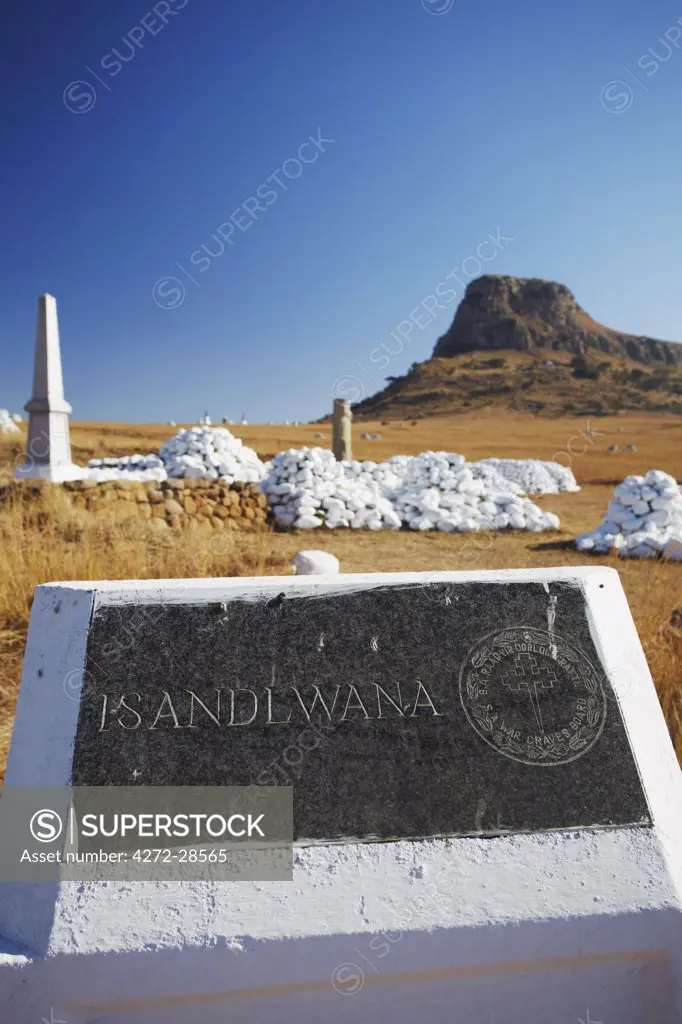 White stone cairns and memorials to British soldiers at Isandlwana, Thukela, KwaZulu-Natal, South Africa