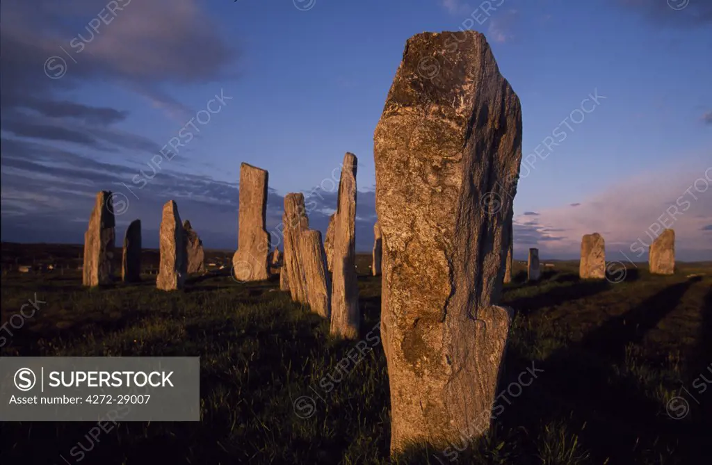 Detail of standing stone & intricate patterns within rock formation at sunset  at Callanish.  An ancient stone circle dating back to Neolithic times, Callanish is the most dramatic prehistoric site in the Hebrides and is sometimes referred to as the Stonehenge of Scotland