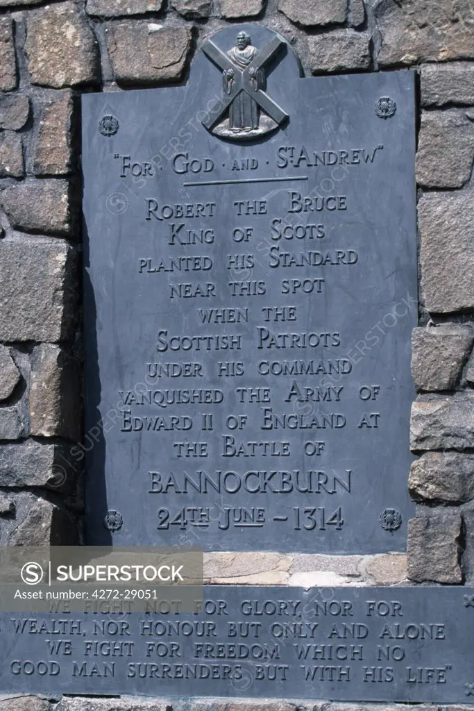 Plaque by the statue of Robert the Bruce, at the Bruce Monument at Bannockburn. With date, quotation and summary of his 1314 victory over the English.