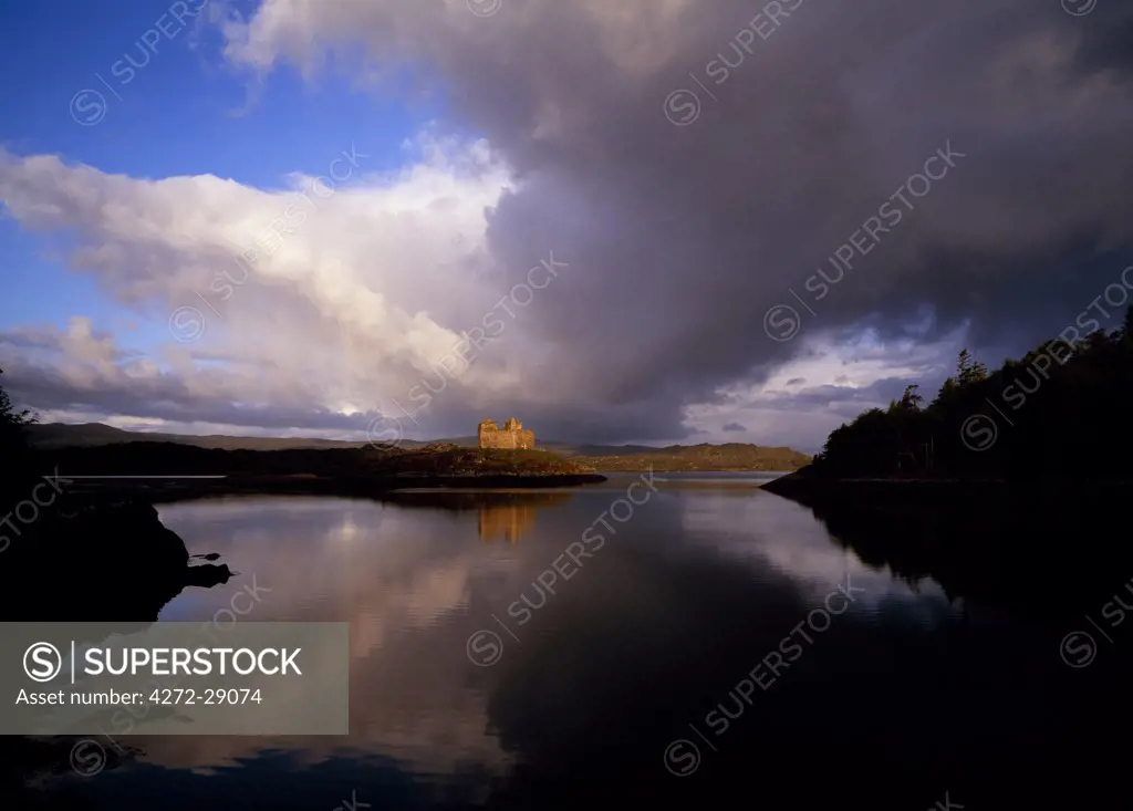 Storm clouds over Castle Tioram and Loch Moidart.