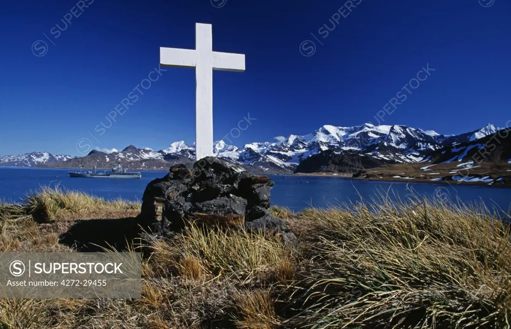 South Georgia, Cumberland East Bay, Hope Point. Memorial cross for Sir Ernest Shackleton.
