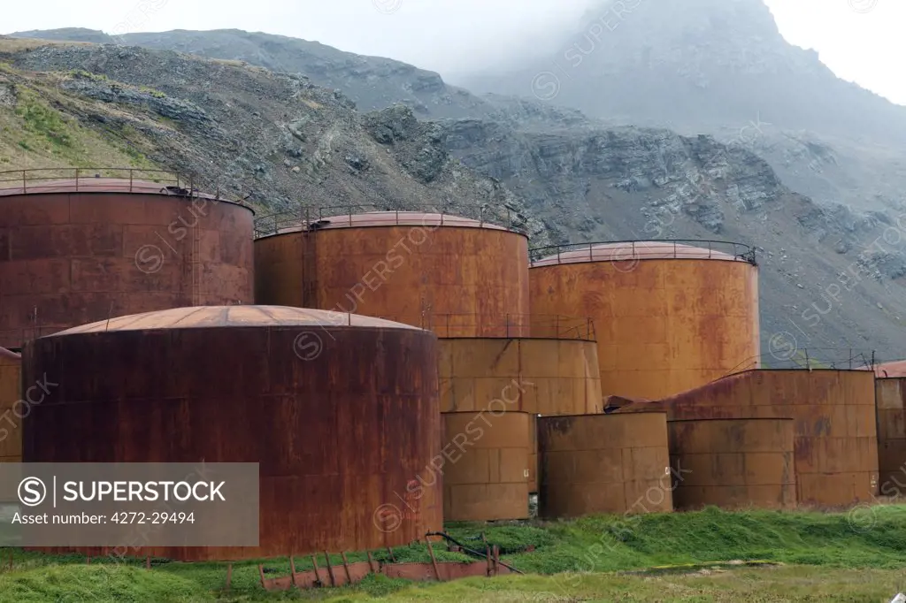 South Georgia and the South Sandwich Islands, South Georgia, Cumberland Bay, Grytviken. Whale blubber oil storage tanks.