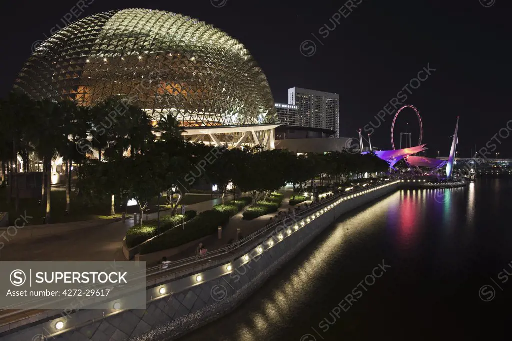 Singapore, night time view of the Esplanade Theatres on the Bay designed by DP architects.