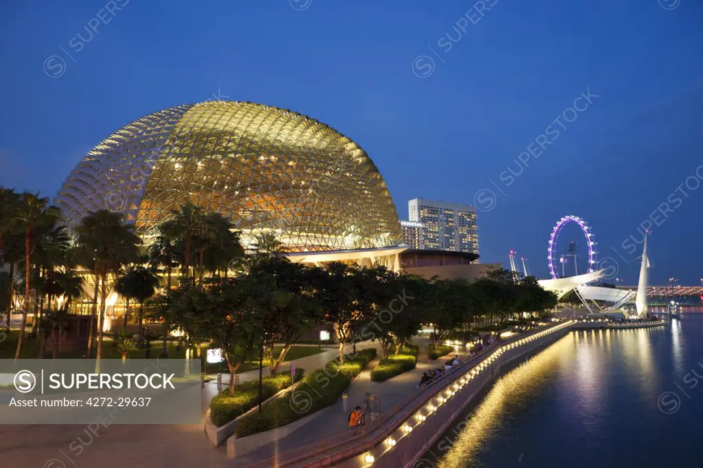 Singapore, Singapore, Marina Bay.  Esplanade - Theatres on the Bay building and the Marina Promenade.