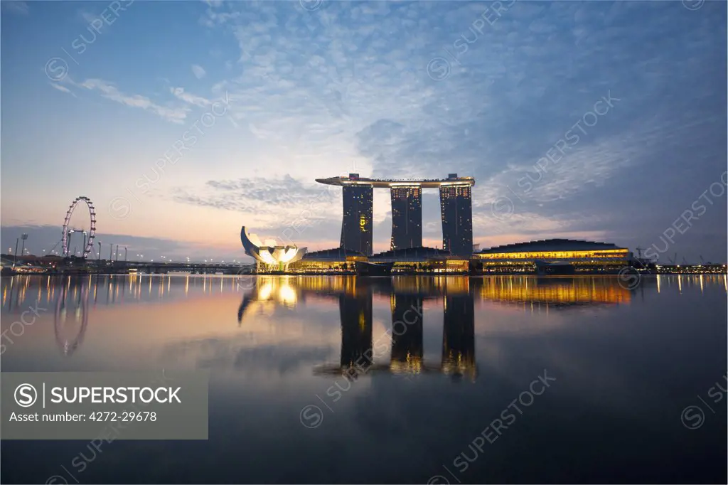 Singapore, Singapore, Marina Bay.  The Marina Bay Sands Singapore.  The hotel complex includes a casino, shopping mall and the ArtScience Museum.