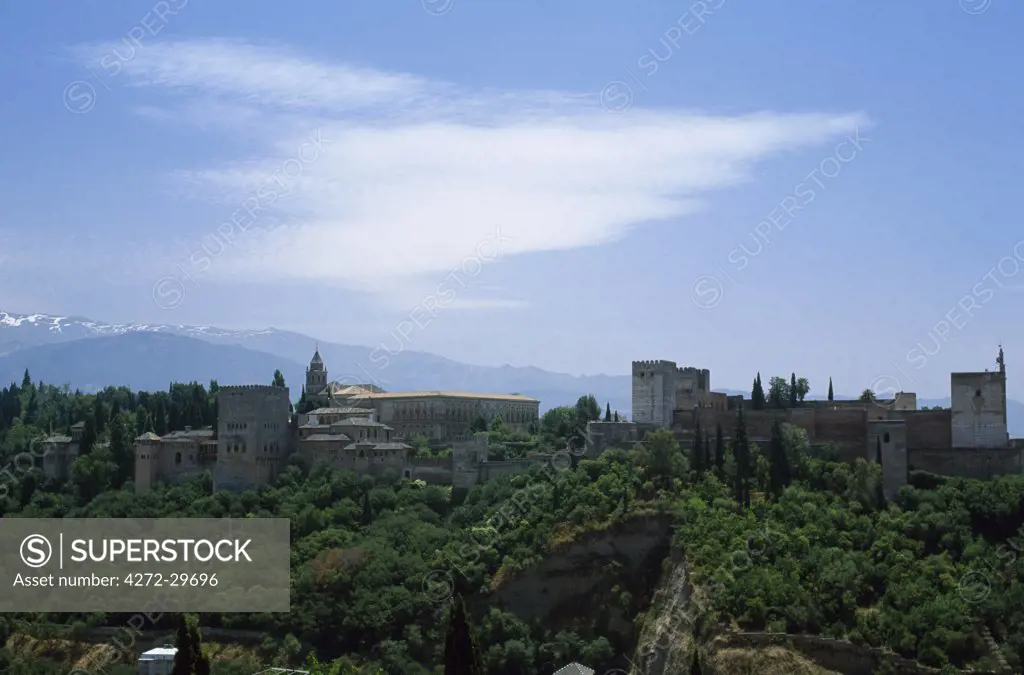 View from the Mirador San Nicolas to the Alhambra Palace and the snow capped Sierra Nevada