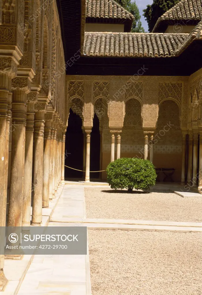Detail of the arches and moorish influence in the Patio de los Leones in the The Palacio Nazaries of the Alhambra