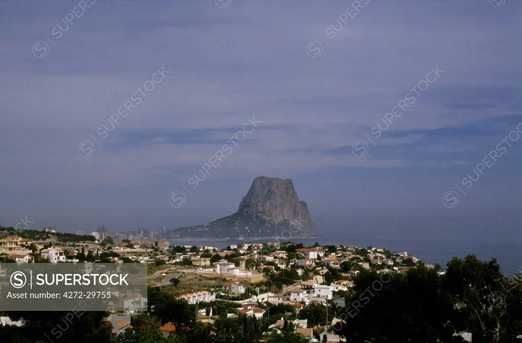 View over the town of Calpe towards The Rock of Calpe (Penyal d'Ifac) behind