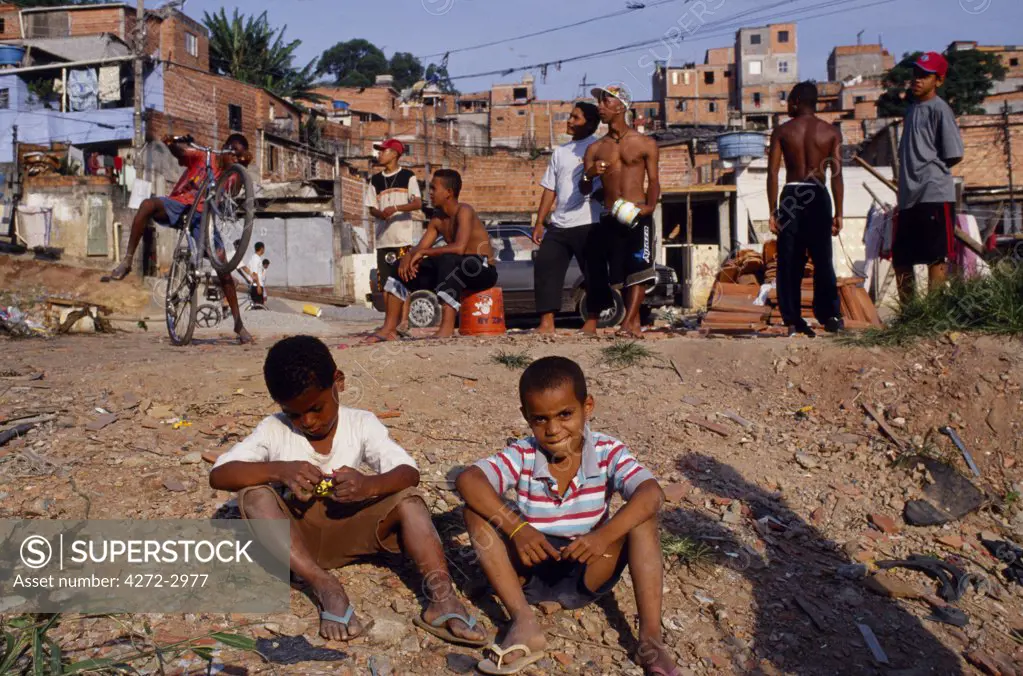 Teenage Boys hang out in a favela in Sao Paulo