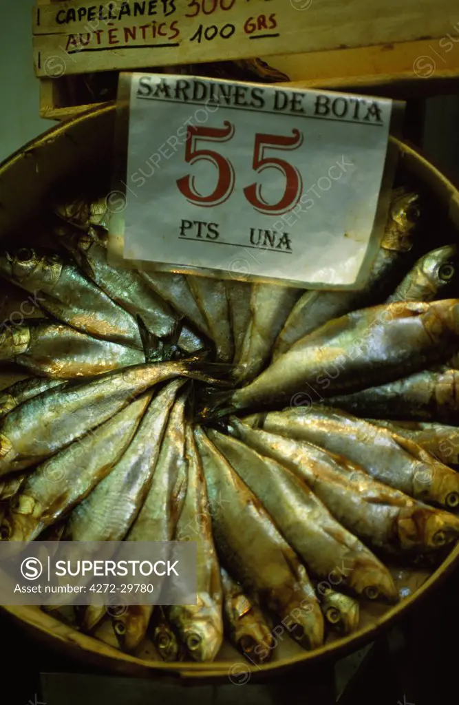 Salted sardines for  sale in the Mercado Central, one of Europe's largest markets