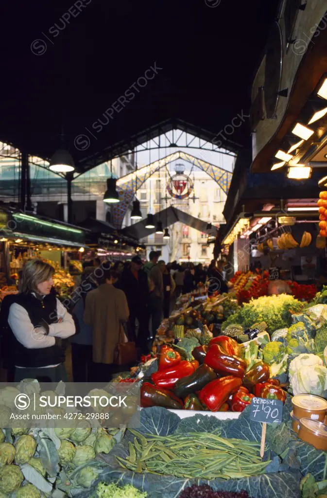 Vegetables stall at Boqueria Market, Las Ramblas, Barcelona.