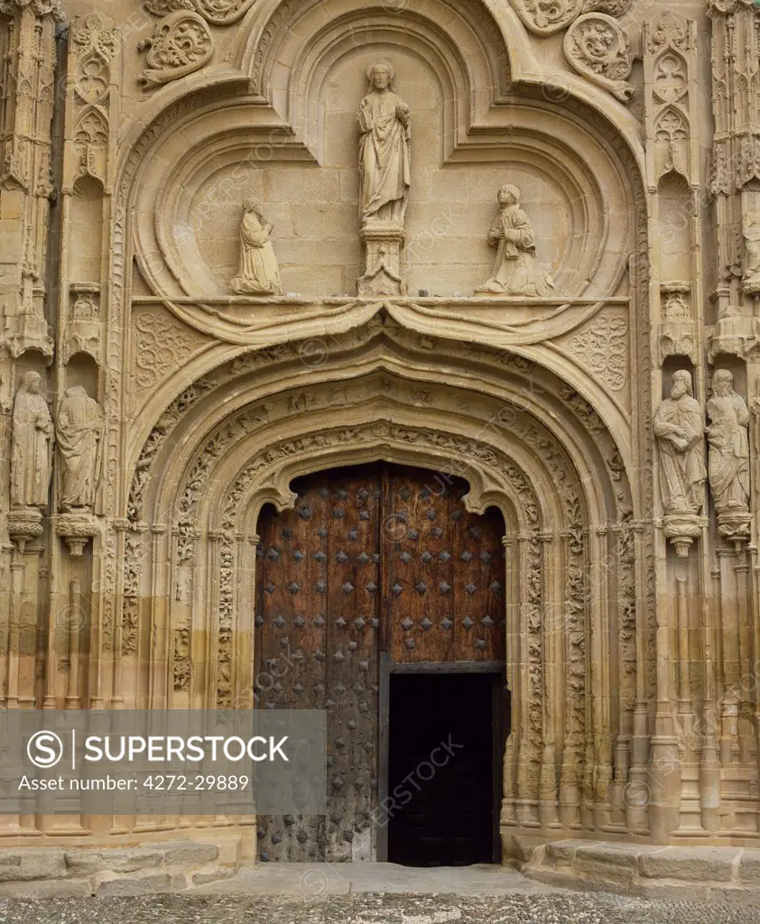 The carved portal of the Catholic church in Abalos, San Esteban Protomartir