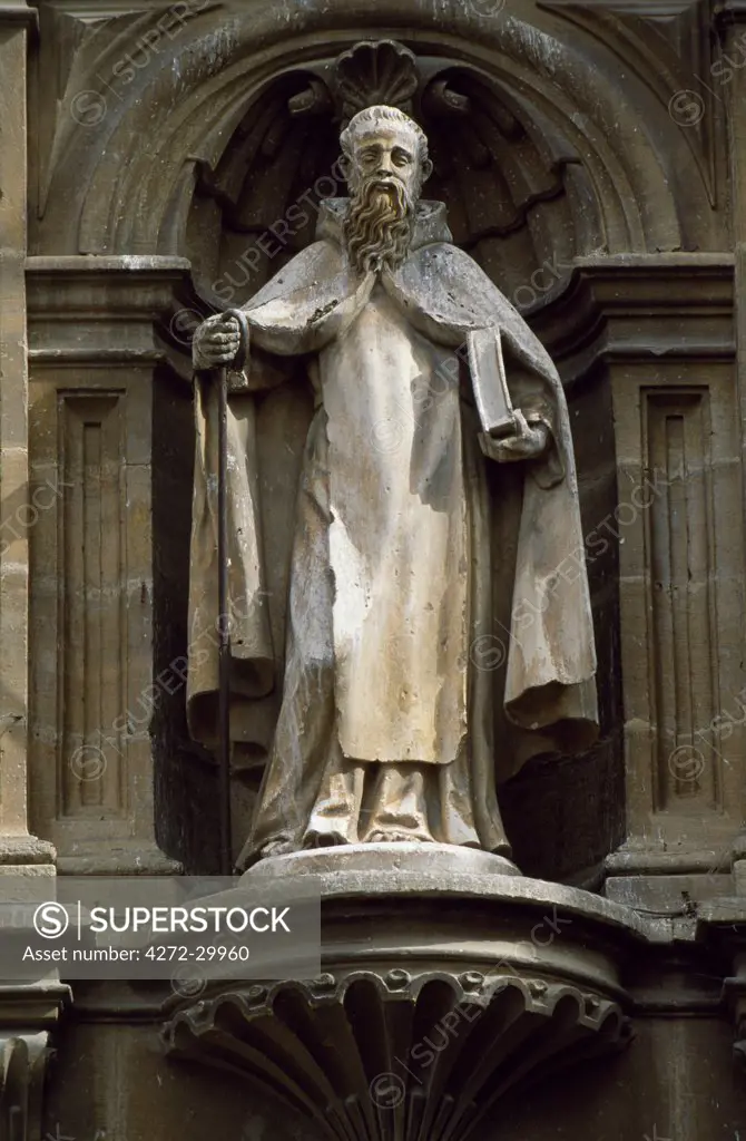 A statue of Santo Domingo over  the portal of the cathedral of Santo Domingo, an important stop for pilgrims following the St James's Way.  The cathedral is a magnificent example of protgothic architcture with a more recent Baroque tower
