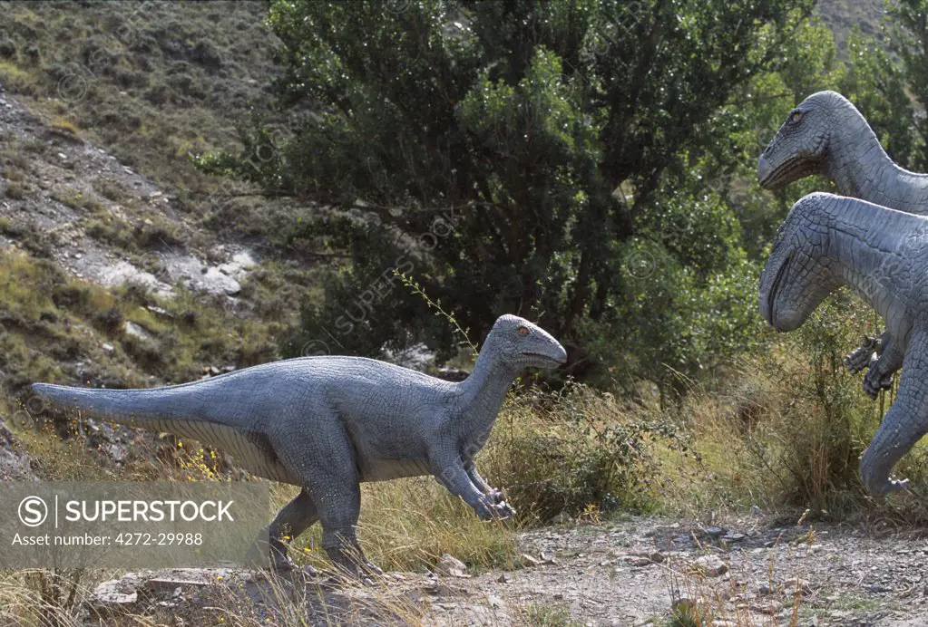 Statues of three dinosaurs at the site of dinosaur footprints at La Virgen del Campo.  La Rioja Baja conserves some of the most important ichnite remains, fossils and dinosaur footprints in the world.