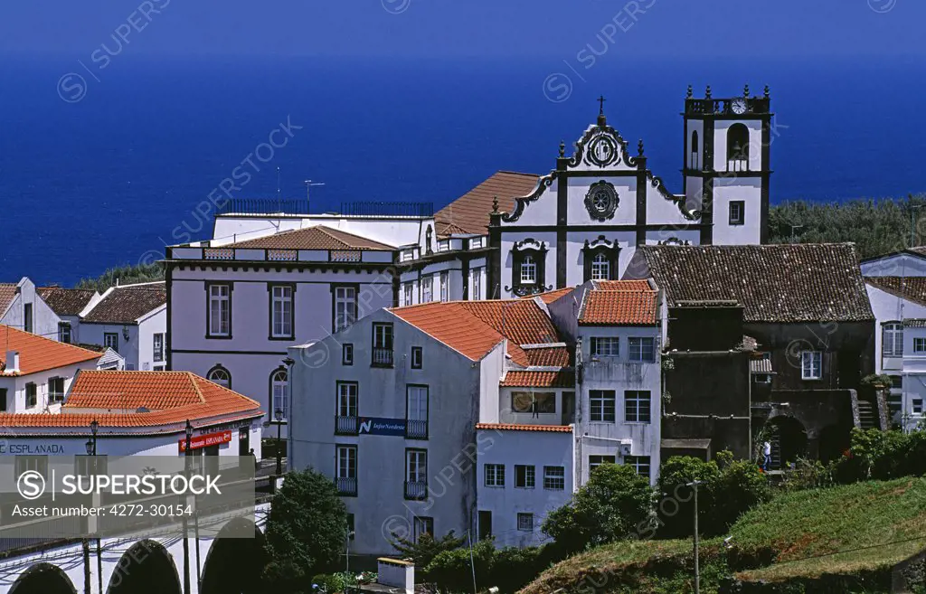 Church tower dominates the town of Nordeste on the island of Sao Miguel, Azores