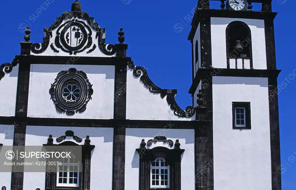 Close-up of the fa_ade of the 18th century church in Nordeste on the island of Sao Miguel, Azores