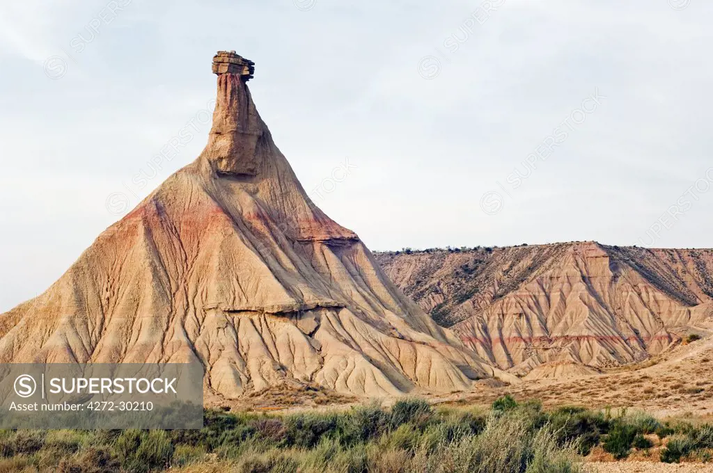 The Bardena Blanca rock outcrop, Bardenas Reales natural park. The Bardenas Reales Natural  Park has a uniques semi-desert landscape which sprawles across 42,500 hectares in south-eastern Nevarre.