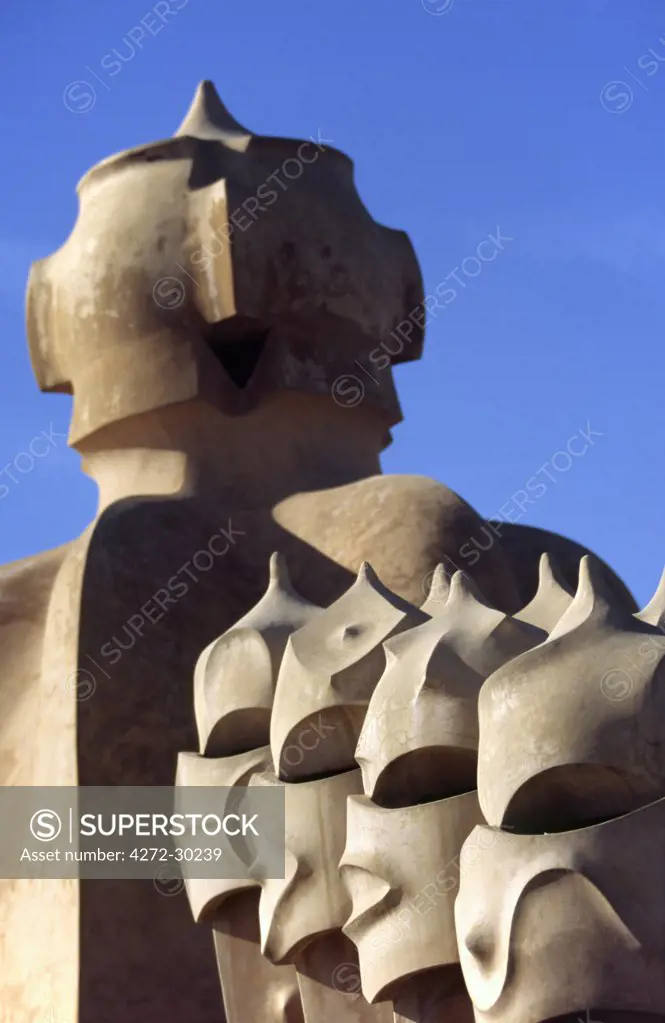 The surreal chimneys of Antoni Gaudi's architectural icon, Casa Mila in Barcelona. Known as La Pedrera (the Quarry), the builiding was built between 1905-1911 during the period of modernisme.