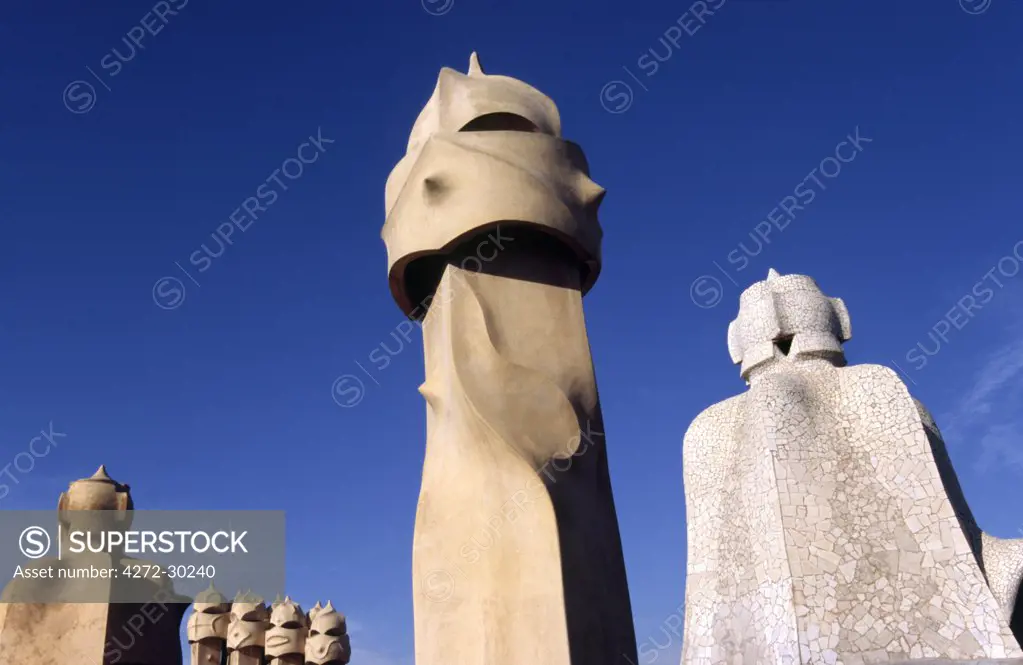 The surreal chimneys of Antoni Gaudi's architectural icon, Casa Mila in Barcelona. Known as La Pedrera (the Quarry), the builiding was built between 1905-1911 during the period of modernisme.
