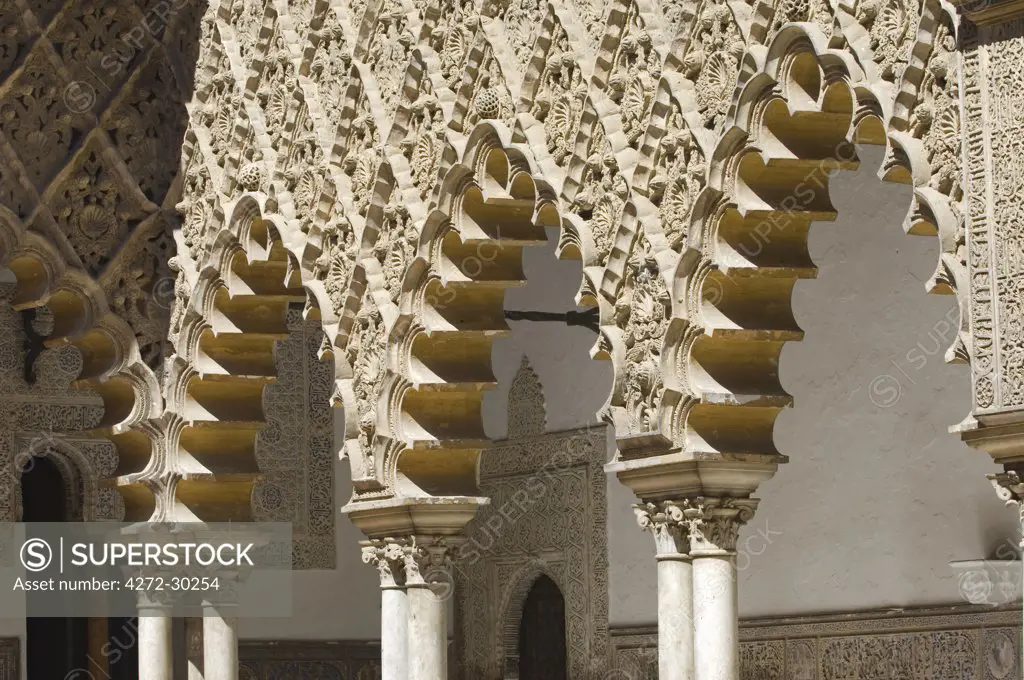 Detail of arches in the Plaza del Triunfo in the Real Alcazar Palace in Seville, Spain