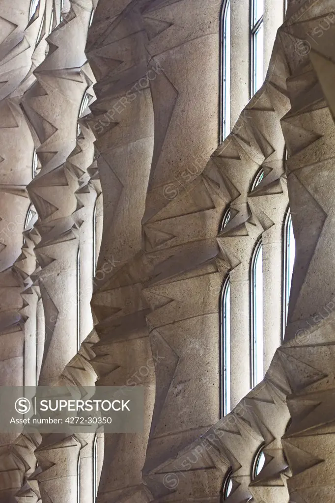 Spain, Cataluna, Barcelona, la Sagrada Familia, interior detail of the south west facade of the Sagrada Familia Cathedral.