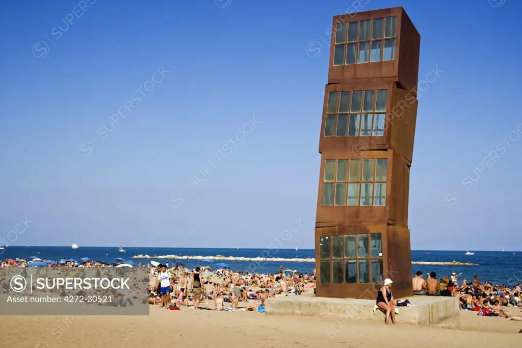 Rebecca Horn_s sculpture _The Wounded Star_ (L_Estel Ferit) on Barceloneta Beach. Barcelona. Spain