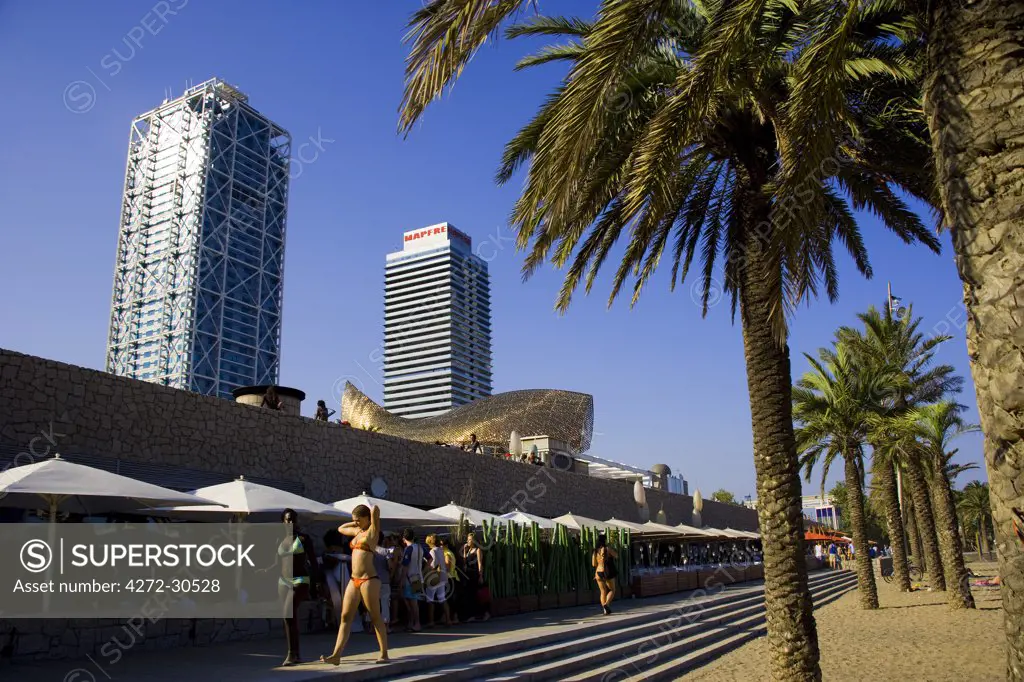 Barceloneta Beach view and Hotel Ars in the Port Olimpic, Barcelona, Spain