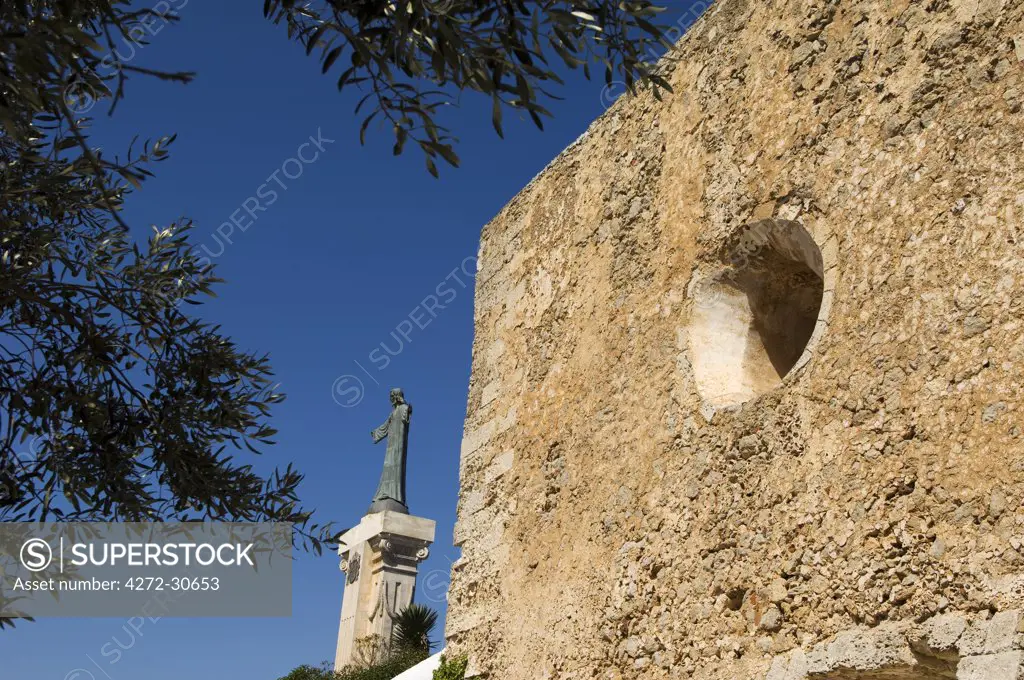 Spain, Menorca.  Statue of Christ at Monte Toro, the highest point on the island.