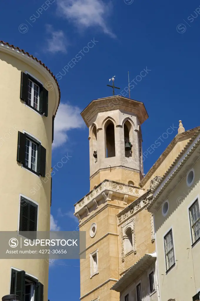 Spain, Menorca, Mahon. Belltower on ornate building in the Menorcan capital.