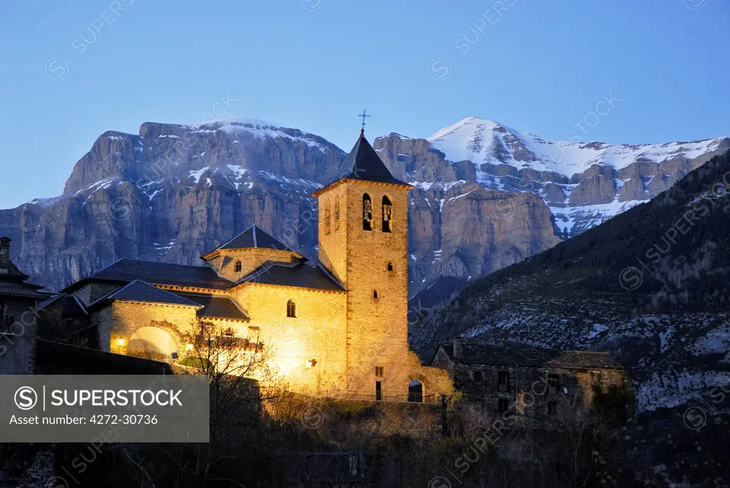 Church at nightfall. Torla, Pyrenees, Spain