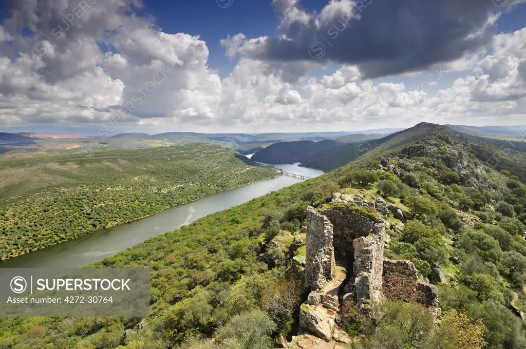 Monfrague National Park's panorama with a ruined castle over the Tagus river. Spain