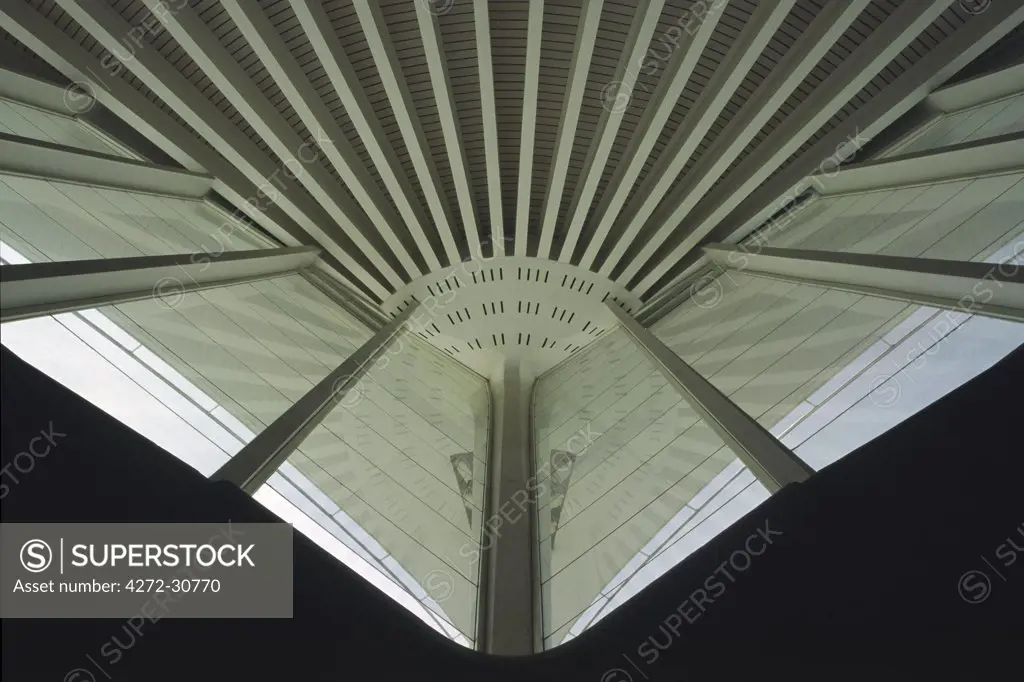 Detail of the concrete roof apex of Bilbao Sondika International Airport designed by the Architect/ Engineer Santiago Calatrava at Bilbao, Basque Country, Spain