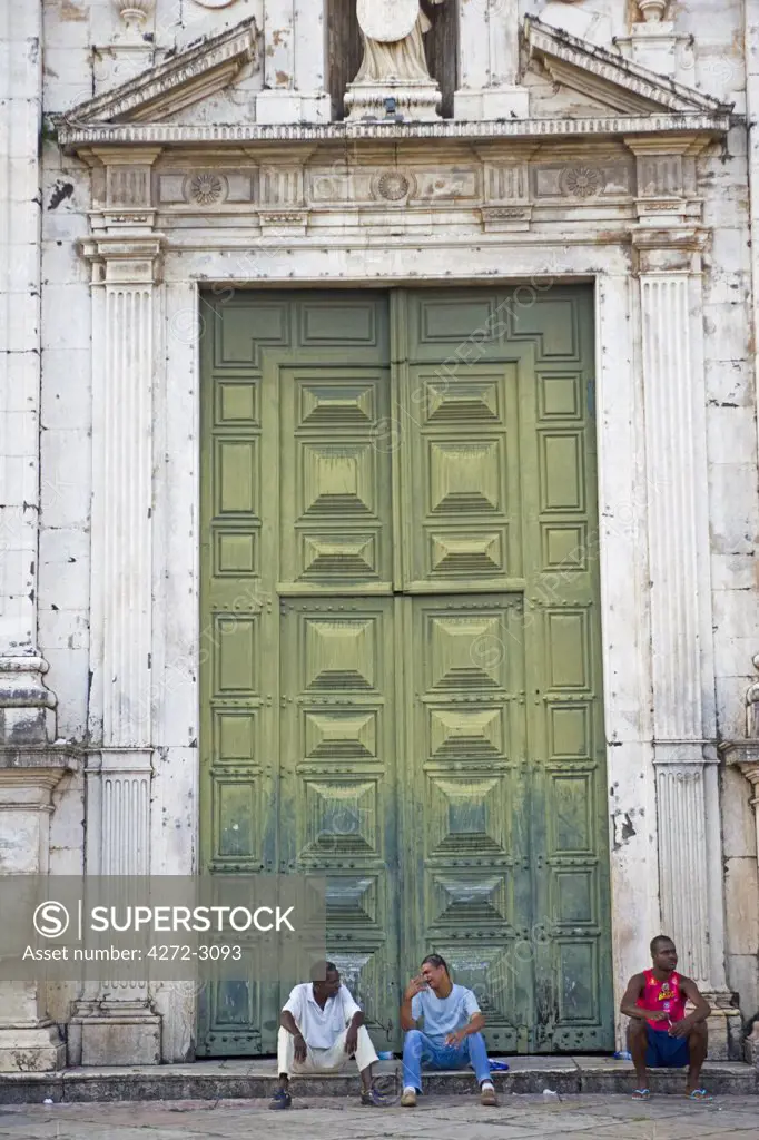 Huge doors to a church in the Cidade Alta region of the UNESCO listed historic centre of Salvador de Bahia, Bahia, north east Brazil,