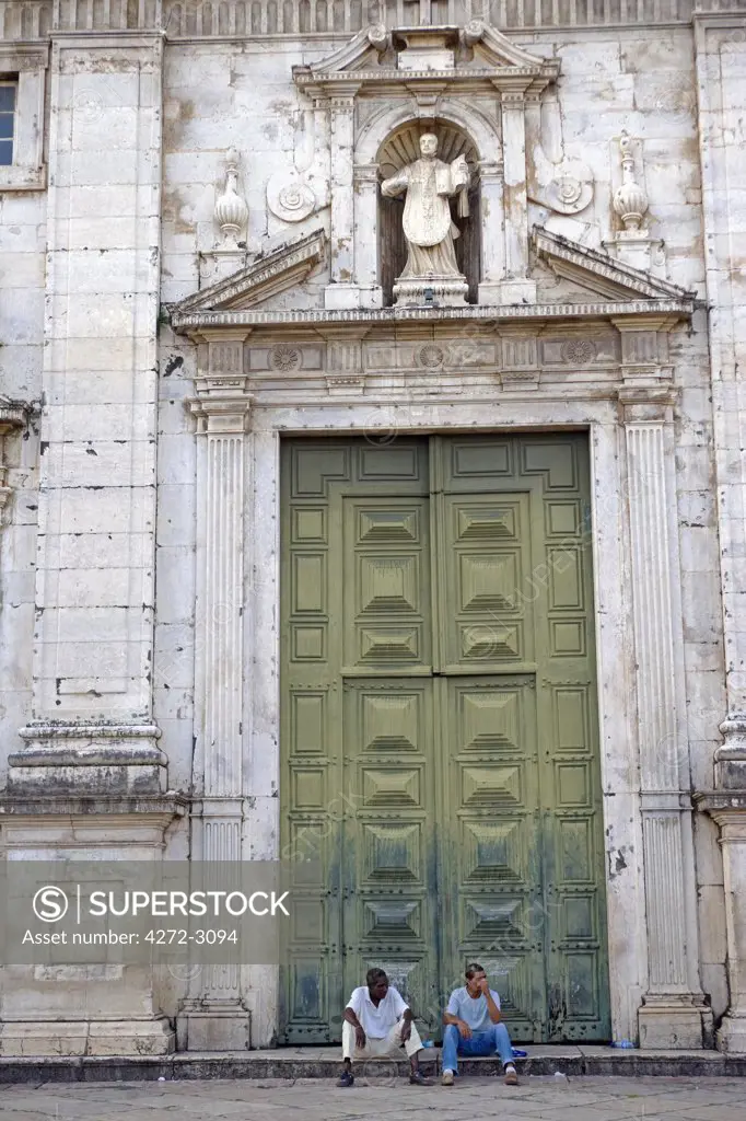 Huge doors to a church in the Cidade Alta region of the UNESCO listed historic centre of Salvador de Bahia, Bahia, north east Brazil