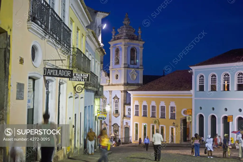 Night time in the Cidade Alta of the UNESCO listed colonial city of Salvador de Bahia, in the north east Bahia Region of Brazil