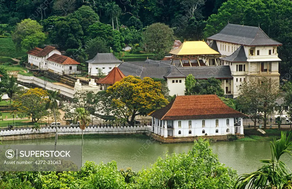 Sri Lanka, Kandy. Standing beside Kandy Lake, the C17th Temple of the Tooth, or Dalada Maligawa, is the country's most sacred Buddhist site.