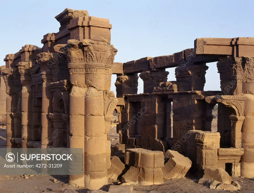 The ruins of a Kiosk beside one of the four temples situated beside an important wadi at Naga some 30 km from the Nile. Discovered in 1821, the temples have been dated between 1BC and 1AD. They are fine examples of Afro-Egyptian architecture and are attributed to the Meroitic culture that flourished at that