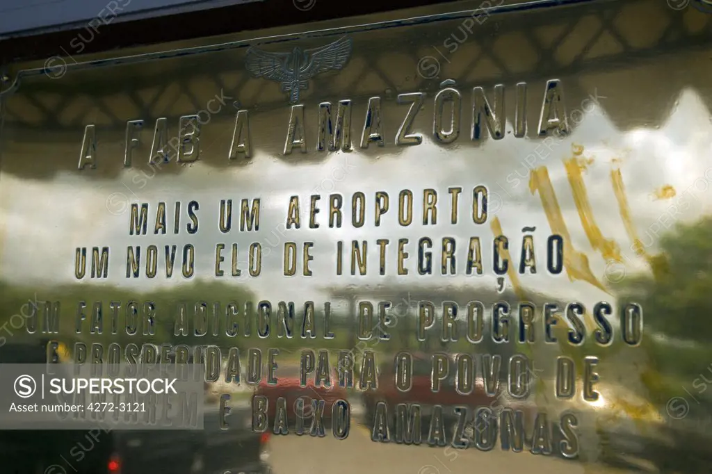 Brass plaque at Santarem Airport in the Amazon region celebrates opening of the airport and the surrounding area to development and trade. Amazon Region, Brazil